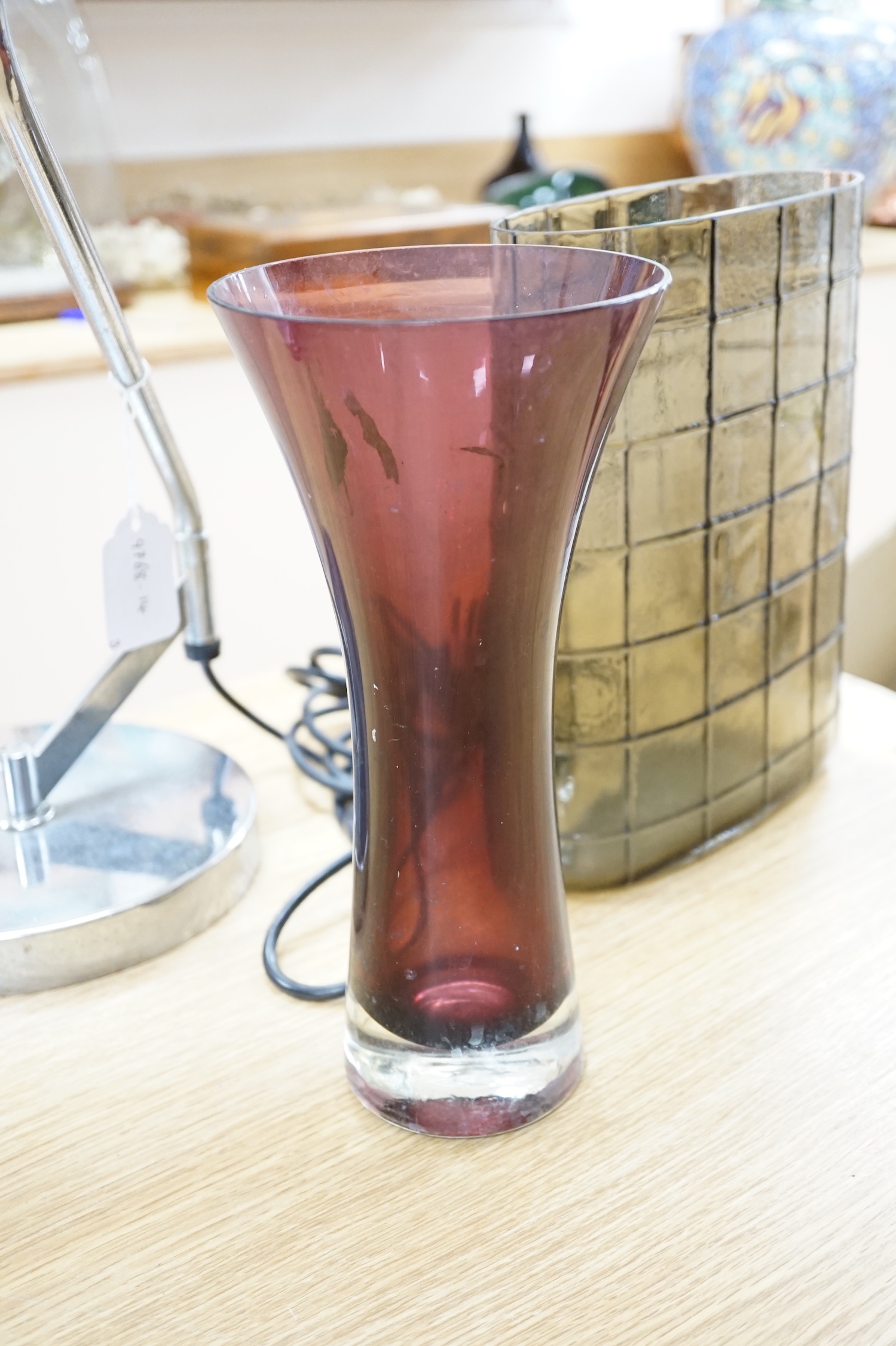 Two modern glass vases and a modernist table lamp with Perspex shade, largest 57cm high